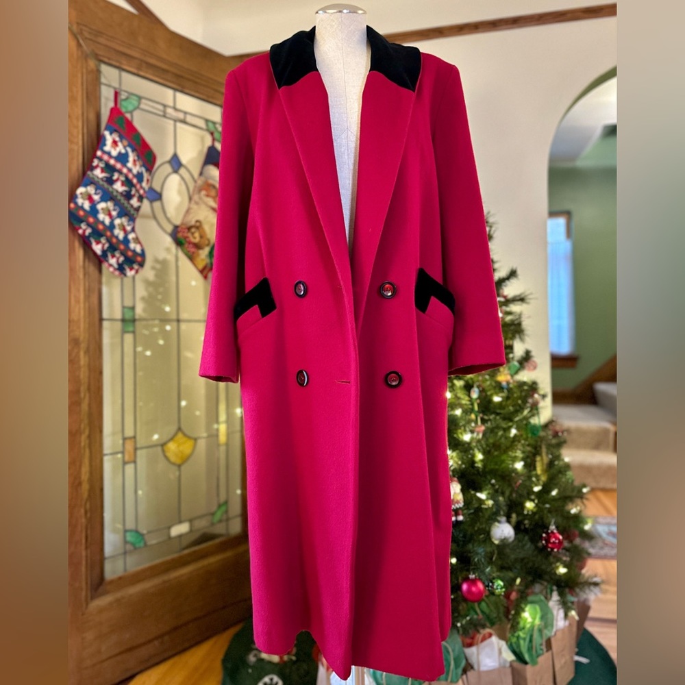 1980s Red Wool & Velvet Coat
